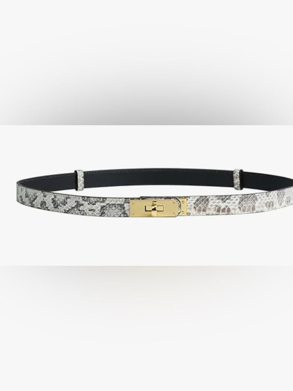 Women’s alloy turn lock, skinny leather belt, Serpentine finish.